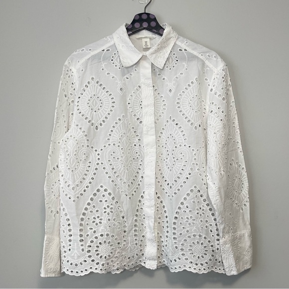H&M White Eyelet Button Down Long Sleeves Shirt Size Medium - Picture 2 of 10